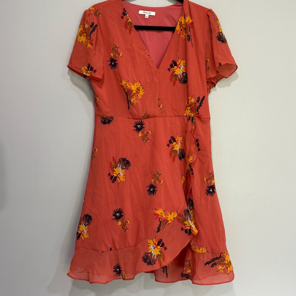 Madewell Ruffle Hem Faux Wrap Mini Dress Orange Floral Sunflower Womens 8 summer